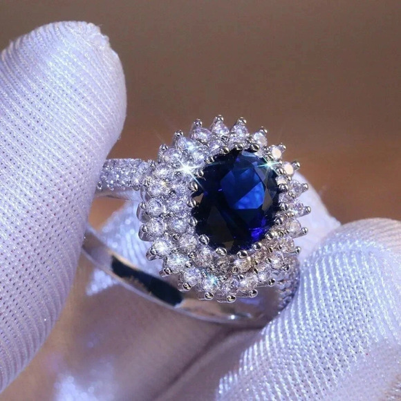 NEW 925 Silver Diamond Oval Sapphire Halo Ring - Picture 3 of 8